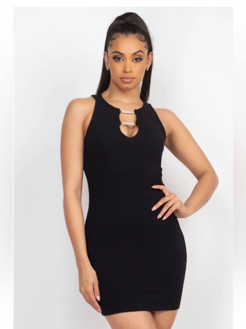 Sleeveless Black Ribbed Dress with back cutout